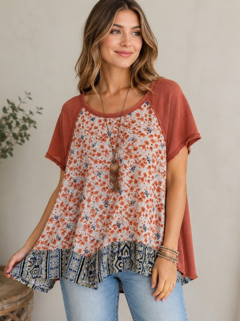 Easel Top Womens L Boho Floral Mixed Print Raw Hem Short Sleeve Tunic